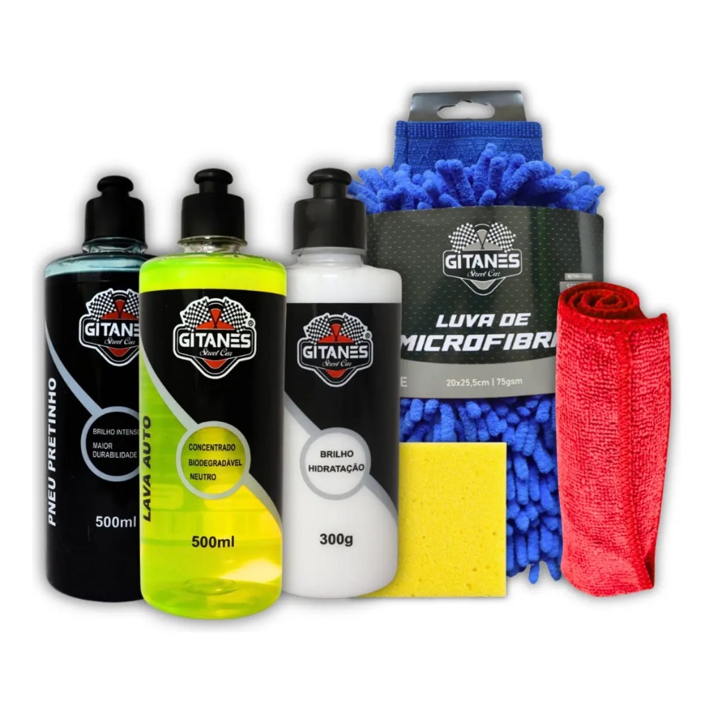 Kit Lavagem Limpeza Auto Shampoo Cremoso Rende Muito Pretinho Brilho Silicone Plastico Interno Luva + Pano Microfibra
