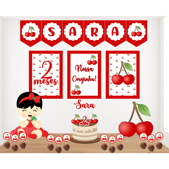 Kit Personalizado Festa Infantil Cereja Cerejinha do Bolo Decoração Aniversário Só Um Bolinho Lembrancinhas Mêsversário