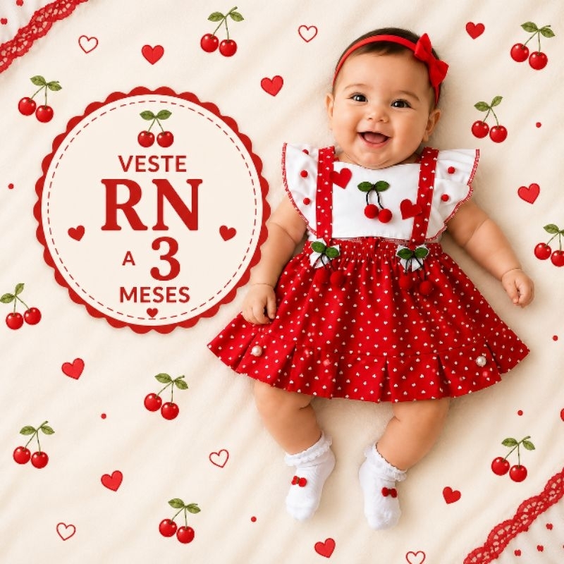 Vestido Body Romper Salopete Recém Nascido Bebê Mesversário Cereja Cerejinhas 3D + Fivela