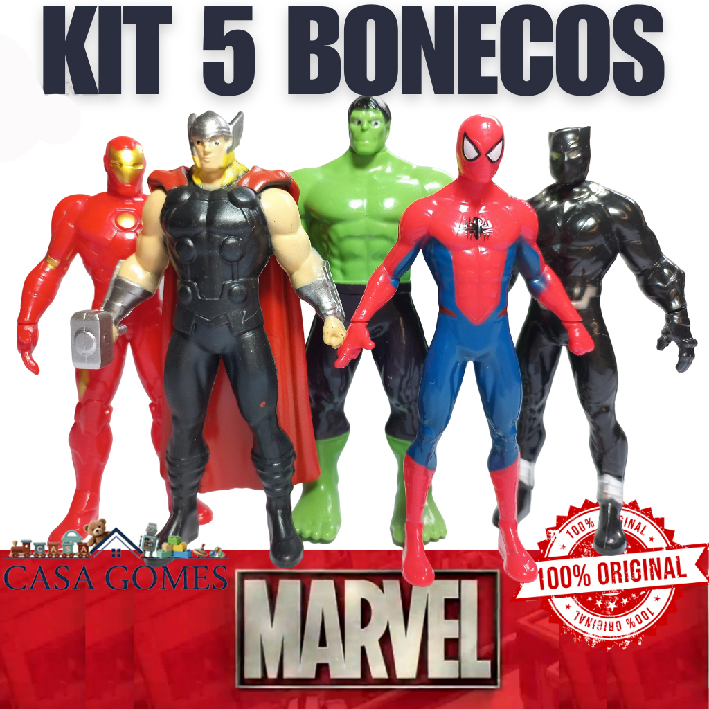 Kit 5 Bonecos Colecionáveis Marvel Vingadores Homem Aranha Hulk Homem de ferro Pantera Negra e Thor