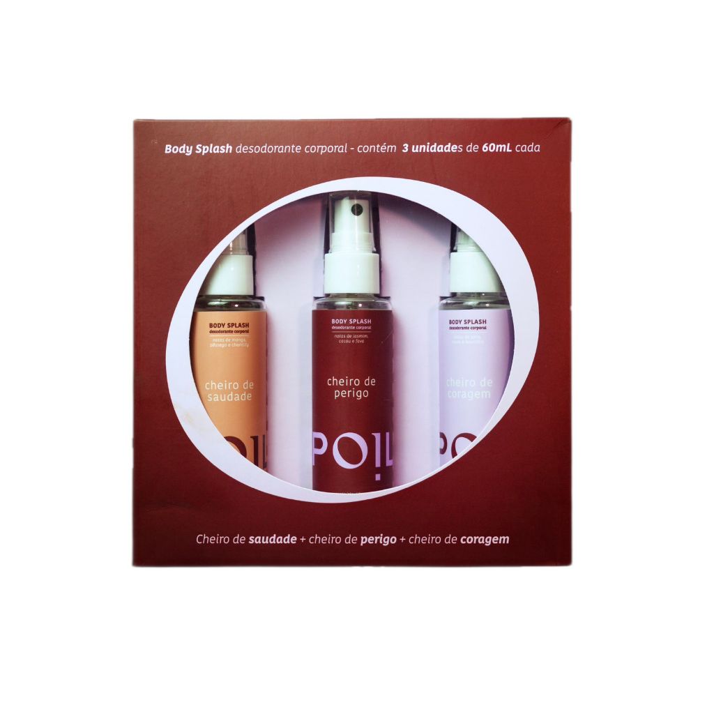 Caixa de presente contendo três frascos de Body Splash de 60ml cada, com os nomes Cheiro de Saudade, Cheiro de Perigo e Cheiro de Coragem.