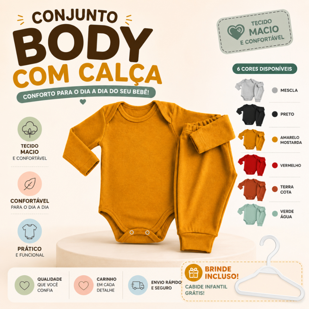 Conjunto Body Bebê 100% Algodão Manga Longa Com Calça RN ao G + Brinde