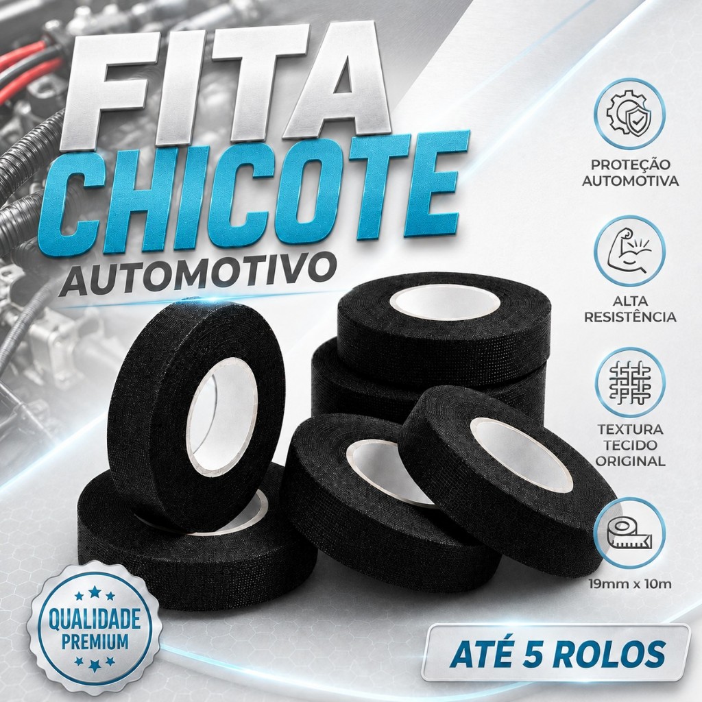Fita Chicote Isolante Tecido Automotivo Autoadesivo Carro Moto 10m x 19mm Anti Ruído Altas Temperaturas Alta Fixação Of