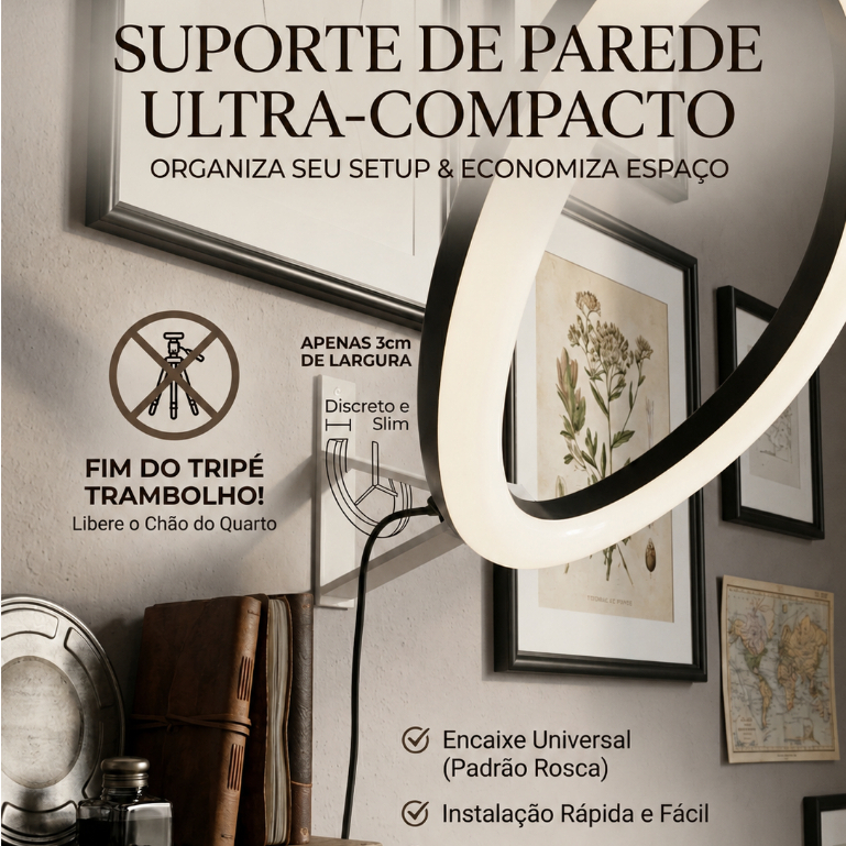 Suporte de Parede Para Ring Light – Fixo Compacto – Economize Espaço – Ideal para Setup e Quartos