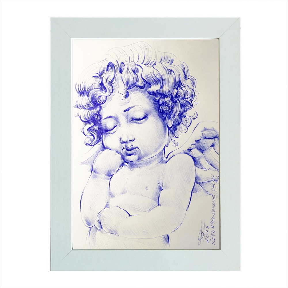 Quadro desenho original caneta azul cochilo angelical a5 moldurado assinado arte original reel #414