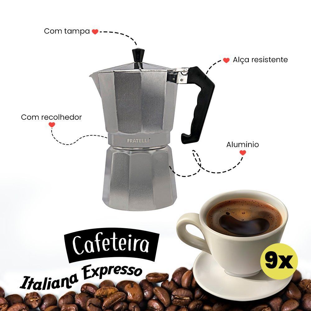 Cafeteira Italiana Alumínio 9 Xícaras Cafeteira Expresso Moka Café Sem Filtro pratica e resistente