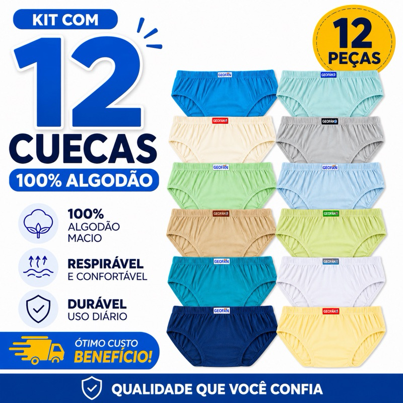 Kit Cueca Infantil Menino 100% Algodão 12 ou 6 Unidades Slip Macia Confortável Cores Sortidas