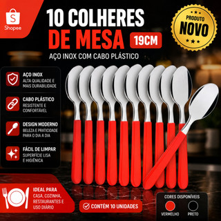 10 Unidades de  Colheres de Mesa Vermelhas 19cm  Aço Inox com Cabo Plástico Para Cozinha Restaurante