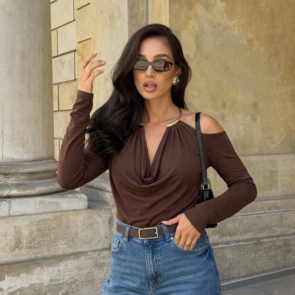 Blusa Feminina Manga Longa Argola Colar Gola Boba Frente Unica Costas Nua Suplex Premium — imagem 2 de 2