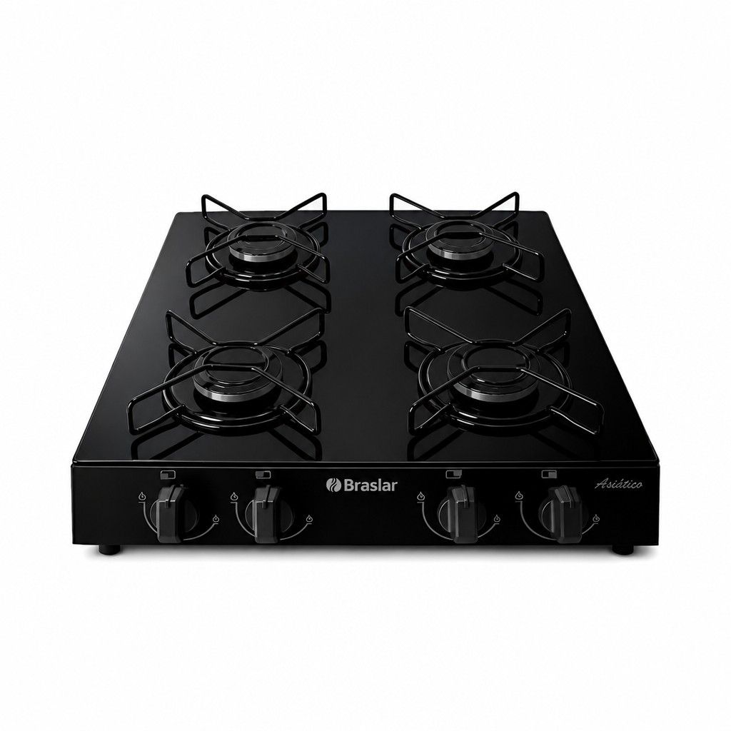 Fogão Cooktop Braslar Asiático 4 Bocas Preto com Acabamento em Vidro