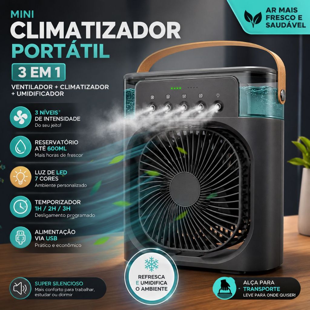 Mini Ventilador Climatizador USB com LED Ar Condicionado Portátil Para Quarto, Escritório – CH