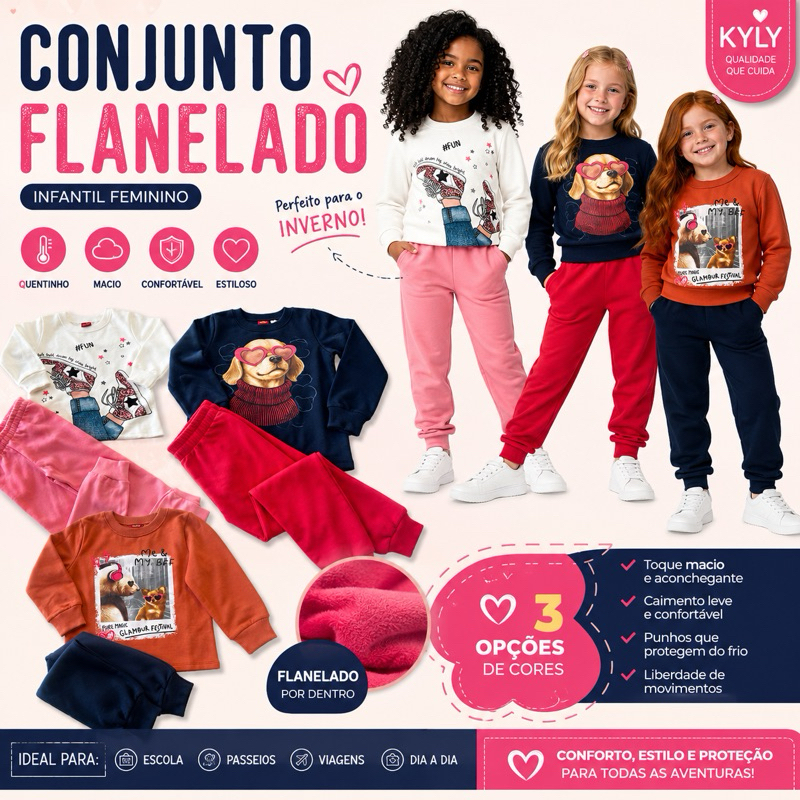 Conjunto Juvenil Menina Dia a Dia Inverno Moletom Quentinho  Passeios Desconto Confortavel Macio