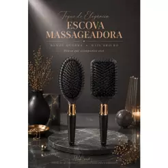 Escova de Cabelo Profissional Cerdas Silicone Almofadada Preta Detalhe Dourado ModelosOval ouRaquete