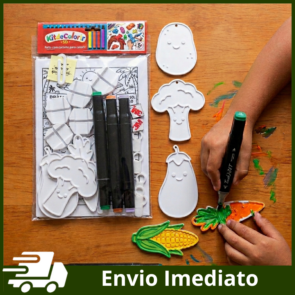 Vegetais para Colorir - Brócolis, Beringela, Cenoura e Batata - Kit com Canetas Acrílicas, Manta, Base, Argola + Brinde