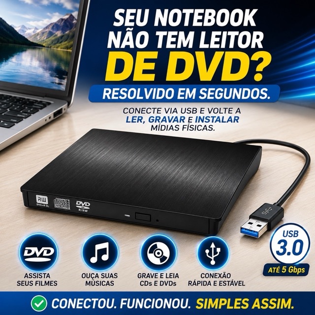 Gravador DVD Externo USB 3.0 Portátil Leitor CD DVD para Notebook PC Windows Mac Linux