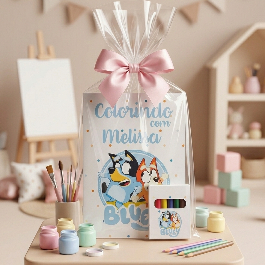 Kit de colorir Bluey - Revista de Colorir + Mini Giz Personalizado - Lembrancinha festa - TEMOS TODOS OS TEMAS