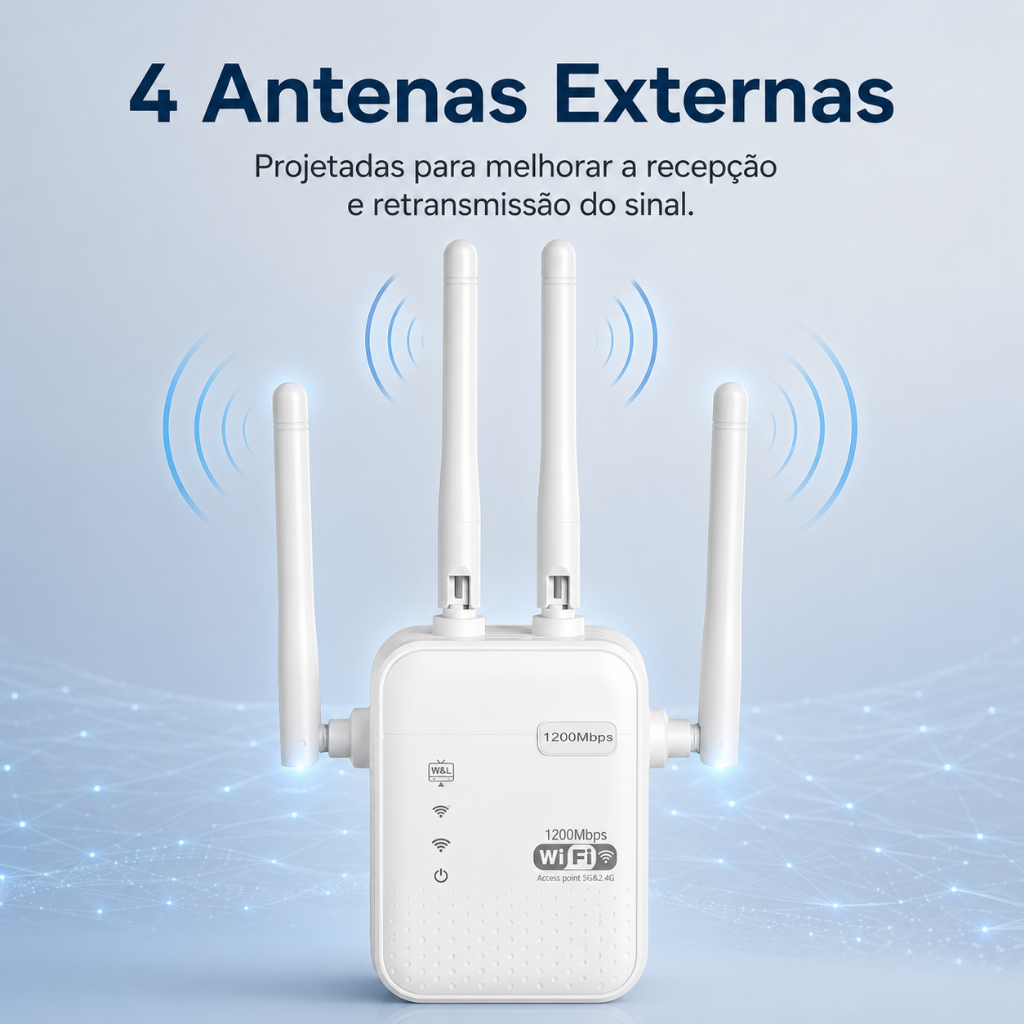 Repetidor WiFi 1200Mbps WPS Conexão Rápida Extensor Sinal Banda Dupla 4 Antenas Estável Plug and Play Casa Escritório
