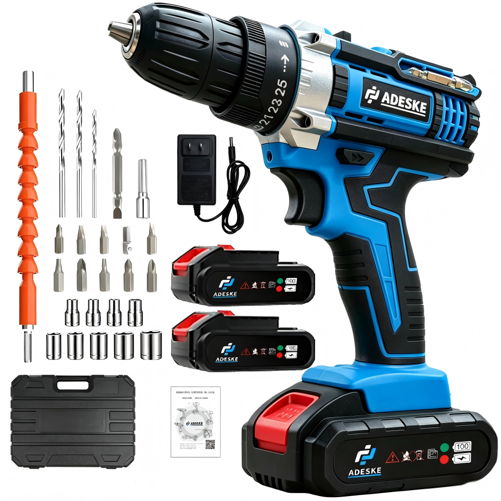Parafusadeira Impacto ADESKE 2/3 Funções, Kit 1 ou 2 Baterias, Maleta com Brocas Soquetes e Acessórios Diversos