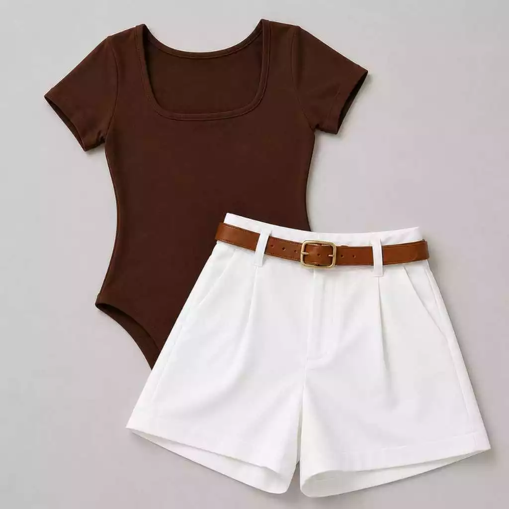Conjunto Feminino Body Quadrado+Short Alfaiataria Com Bolso e Cinto  Moda Casual — imagem 1