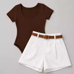 Conjunto Feminino Body Quadrado+Short Alfaiataria Com Bolso e Cinto Moda Casual