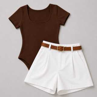 Conjunto Feminino Body Quadrado+Short Alfaiataria Com Bolso e Cinto  Moda Casual