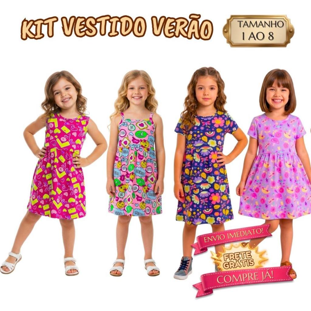 Kit 5 Vestido Menina Verão Calor Manguinha Alcinha e Regata em Algodão Fresquinho Roupa Infantil 1 ao 8