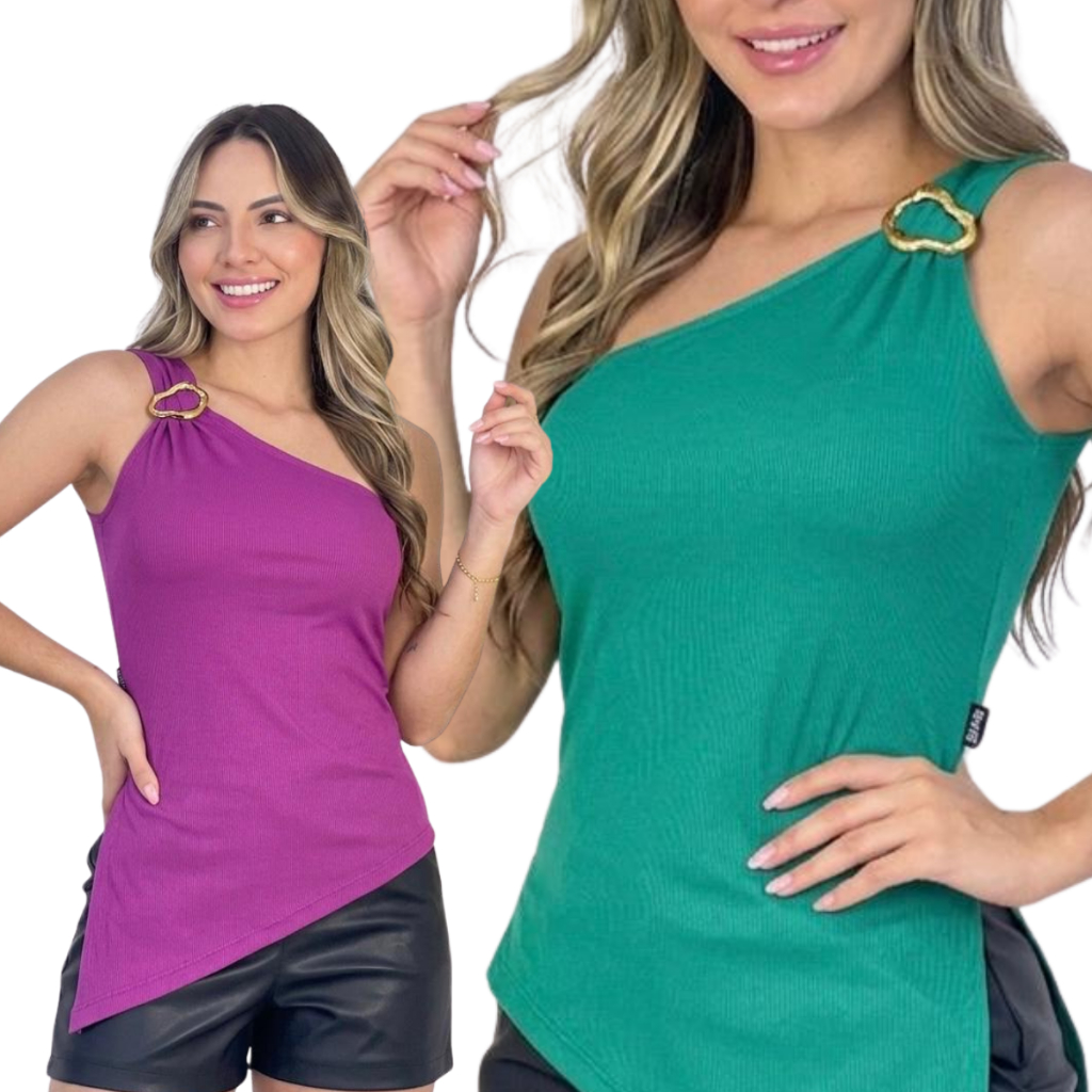Kit Blusa Feminina Um Ombro Só Nula Manga com Bojo Canelada Premium Elegante e Confortável