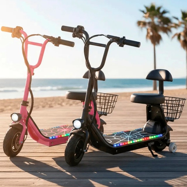 Patinete Elétrico Infantil 350W com Banco e Cesta + LED Colorido