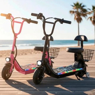 Patinete Elétrico Infantil 350W com Banco e Cesta + LED Colorido