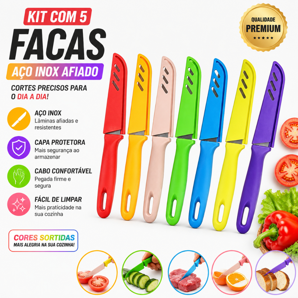 kit 5 Faca Afiada Lâmina Aço Inox cozinha com Capa de proteção Resistente