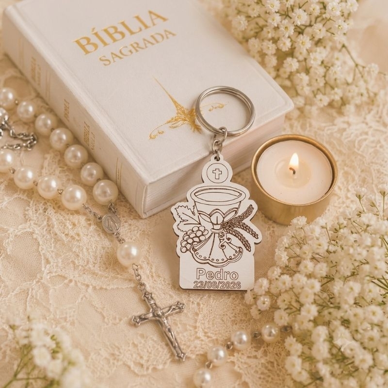 Kit Chaveiros Personalizados Lembrancinha Primeira Eucaristia Comunhão MDF Branco