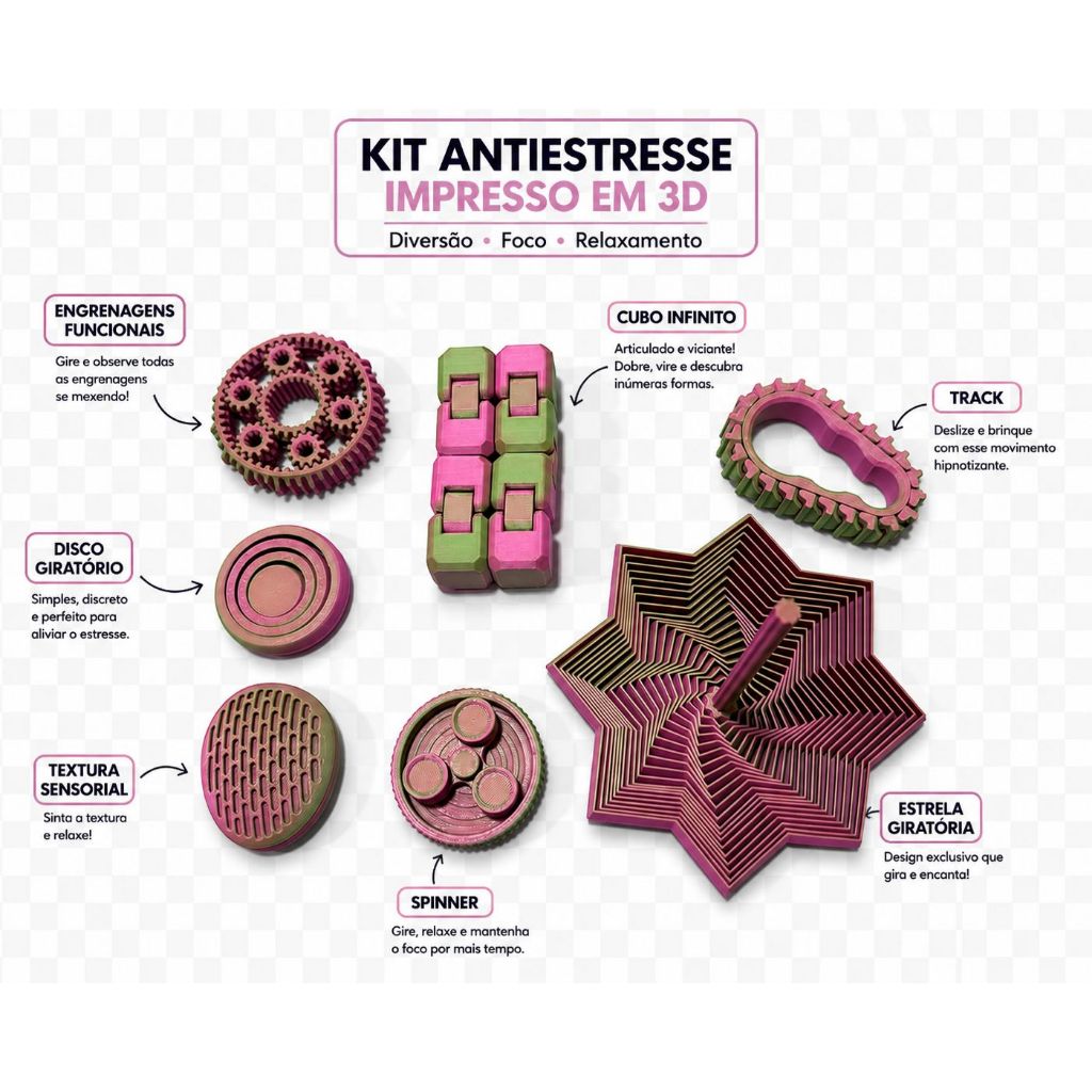 Kit Fidget Toy Antiestresse Impressão 3D - Vários Modelos Disponíveis 7 itens