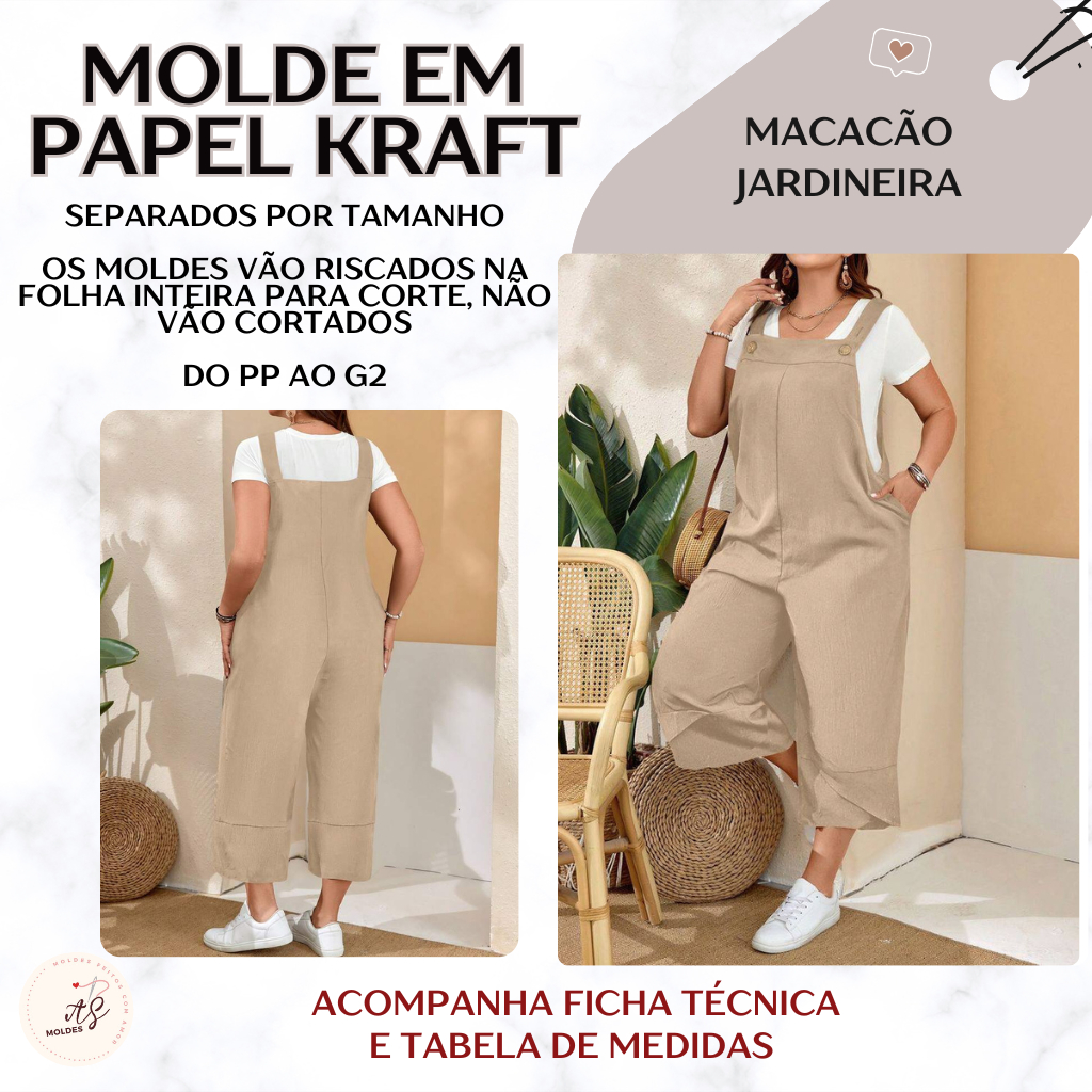 Molde em Papel Kraft para Costura Separados por Tamanho Macacão Jardineira para recorte