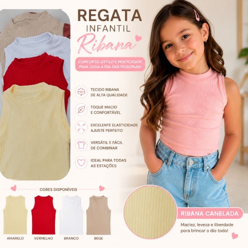 Kit 3 Regatas Infantis Femininas Ribana Canelada – Confortáveis, Macias e Estilosas | Cores Sortidas 🌸
