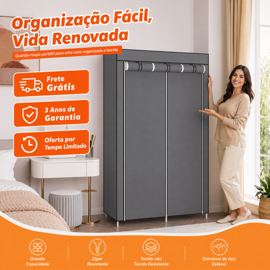 Guarda-roupa de Lona Dobrável com Estrutura de Aço - Organizador Portátil para Roupas
