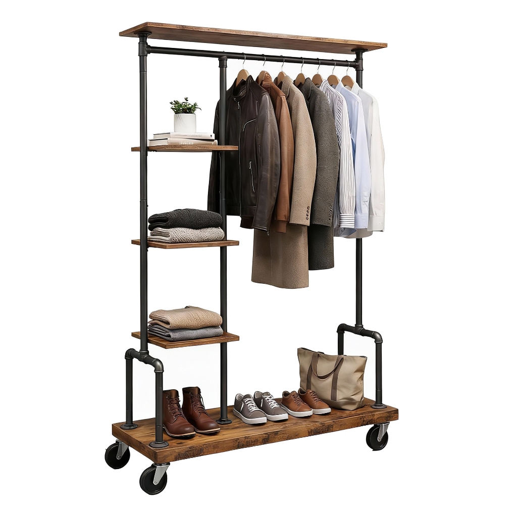 SONGMICS Cabideiro de Roupas com Rodízios, 5 Níveis, Organizador Metálico para Quarto, Sala e Lavanderia, Marrom e Preto