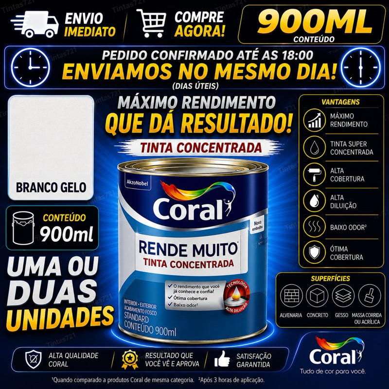 Tinta Acrílica Coral Rende Muito 900ML Branco Gelo Fosca Lavável Standard Alto Rendimento Secagem Rápida Látex