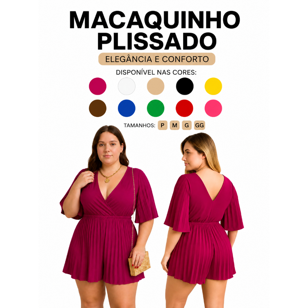 Macaquinho Curto - Macacão plissado manga morcego flare - Moda gringa estiloso