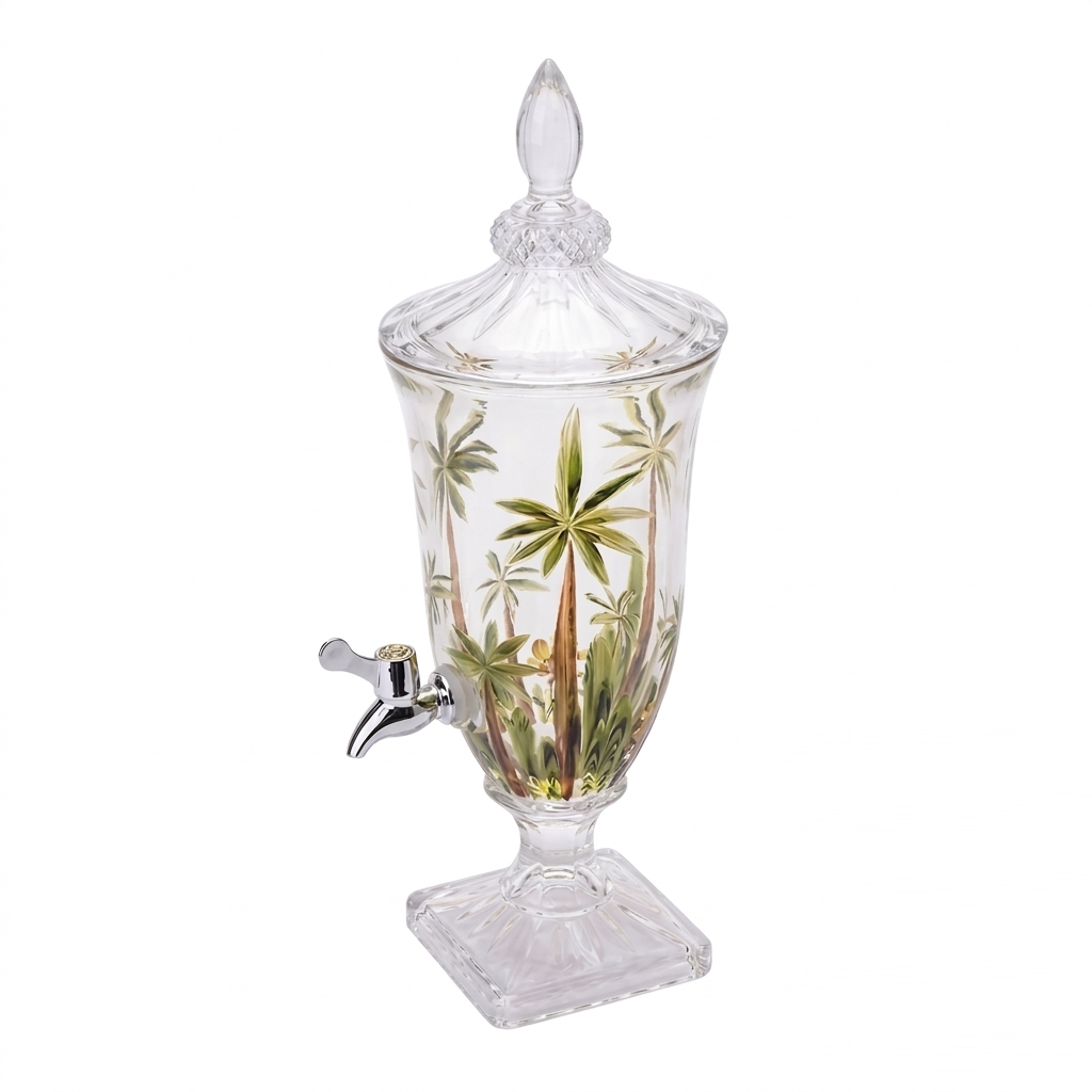 Dispenser Suqueira de Cristal C/Pé e Tampa Palm Tree Handpaint 2 Litros Wolff