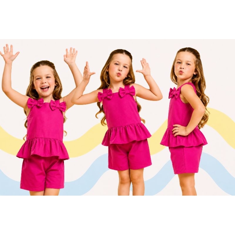 conjunto infantil short e blusa com laço na alça e blusa peplum