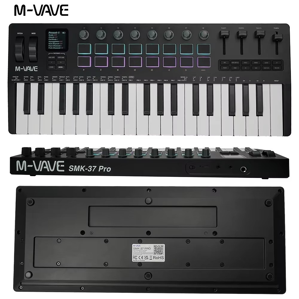 M-VAVE SMK-37 PRO Keyboard 37 key 3.5mm MIDI 16 RGB Drum Padswith Sound Source Supports Wireless Connection to Multiple