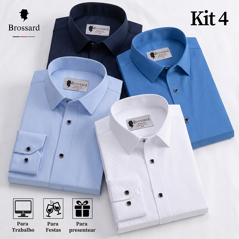 Kit 4 Camisa Social Masculina Manga Longa Não Amassa BROSSARD Blusa Slim Algodão Estilosa Premium