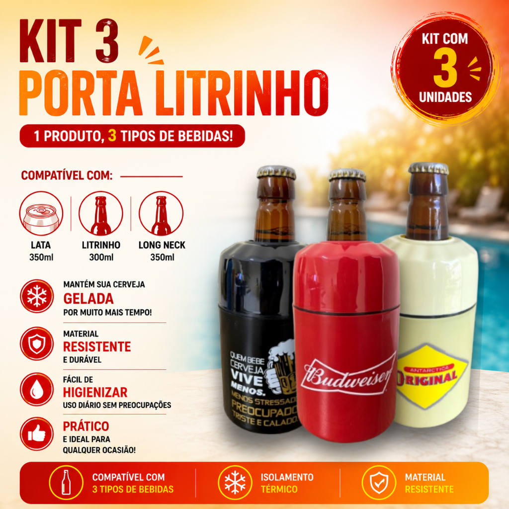 3 Porta Long Neck 3 em 1 Suporte garrafa Litrinho e Lata Térmico Personalizado