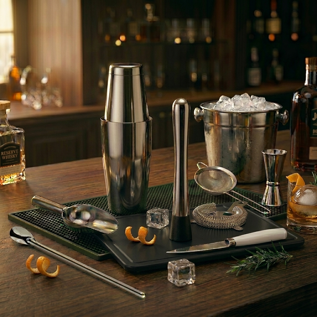 Kit Bar Completo 11 Peças Aço Inox - Coqueteleira Boston, Tábua de Corte e Tapete Escorredor Barmat | Envio Imediato