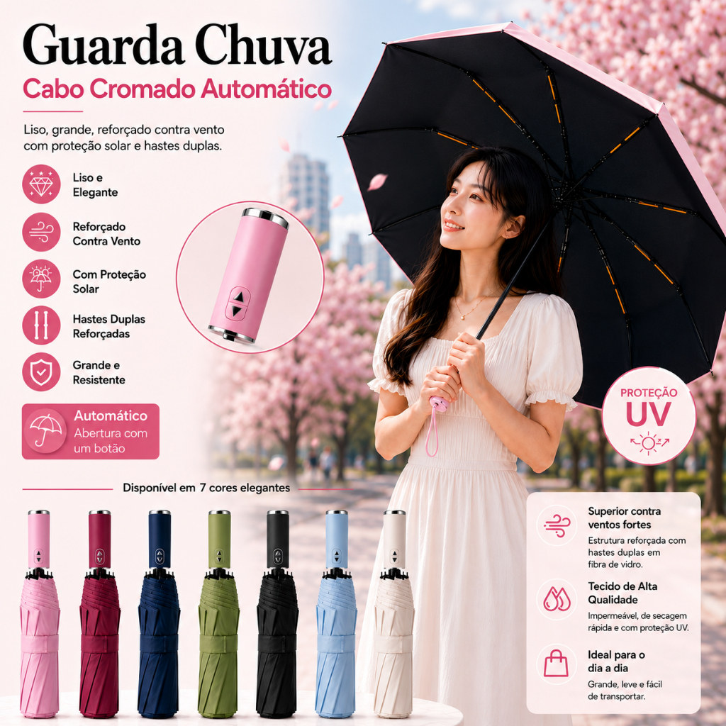 123 - Guarda Chuva Liso Grande Reforçado Cabo Cromado Automático Contra Vento Com Proteção Solar Hastes Duplas Unissex