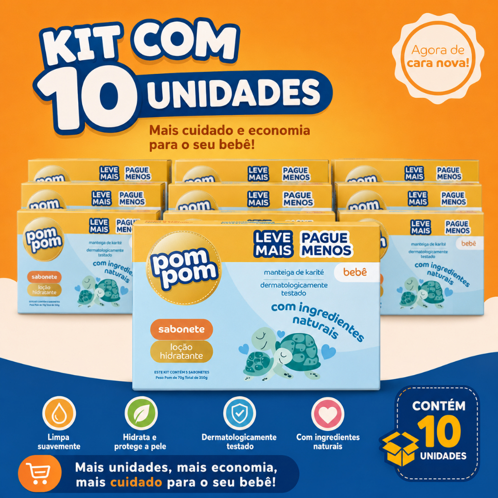 Kit Sabonete em Barra Pom Pom Loção Hidratante com 10 unidades de 70g cada