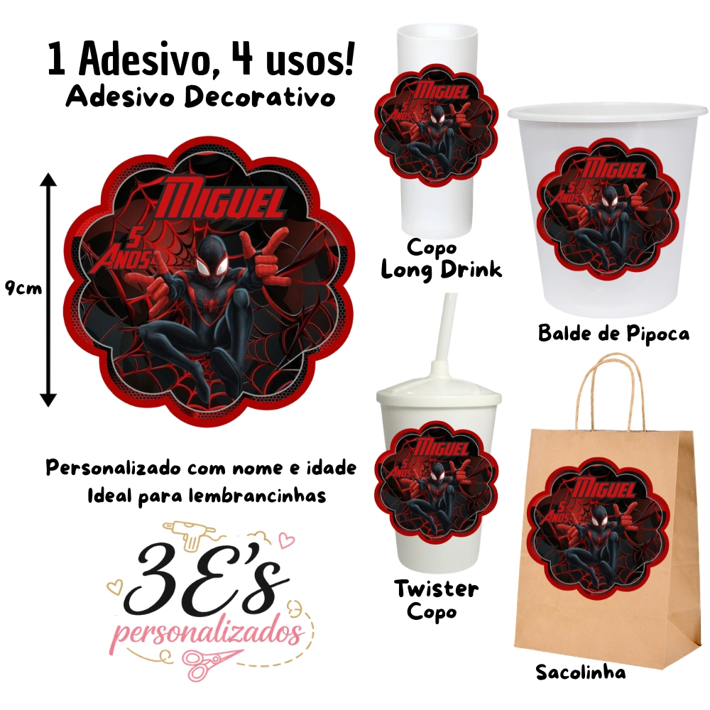 Homem Aranha PT/VM Adesivos Personalizados Sacolinhas Balde de Pipoca Copo Twister Copo Long Drink