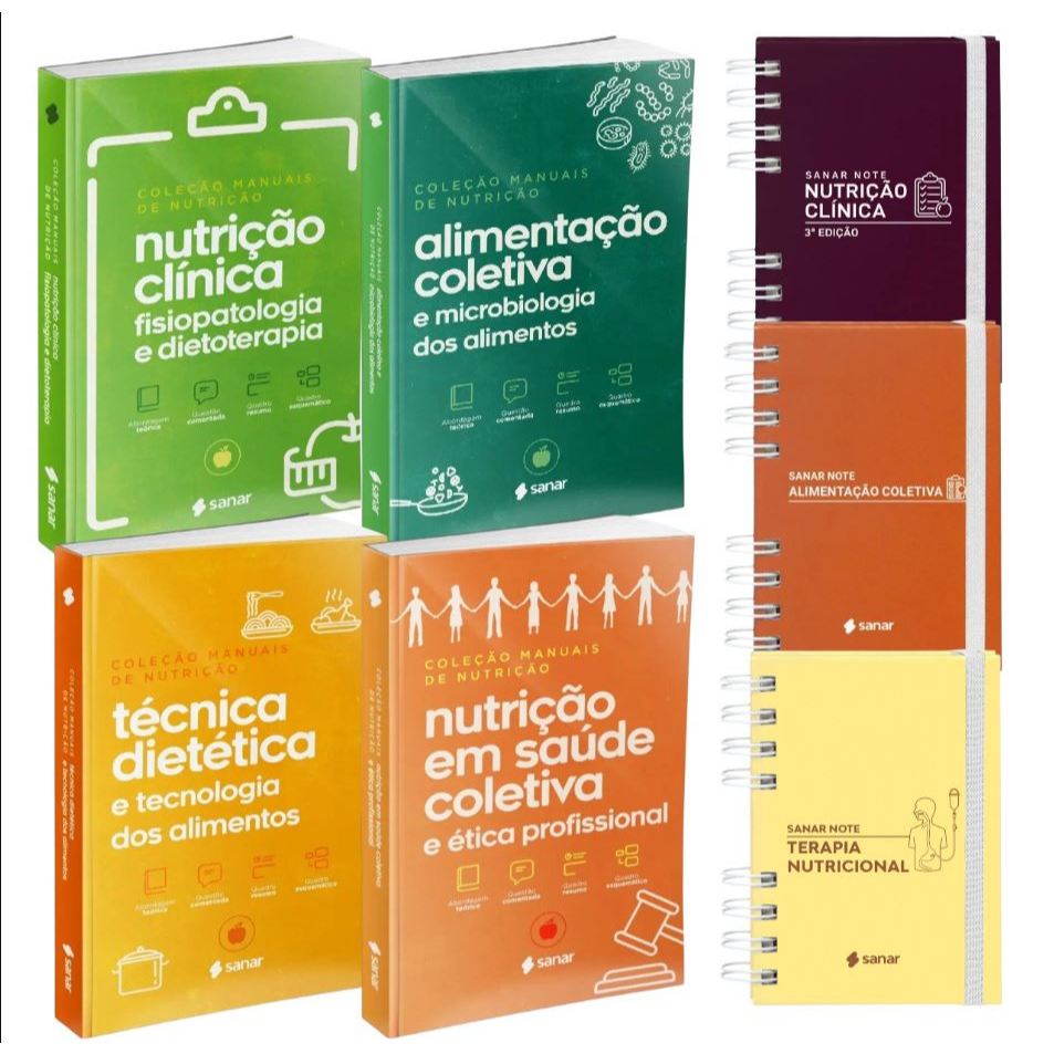 Coleção de Manuais da Nutrição 4 Volumes+ Kit Sanar Note Terapia Nutricional + Alimentação Coletiva + Nutrição Clinica
