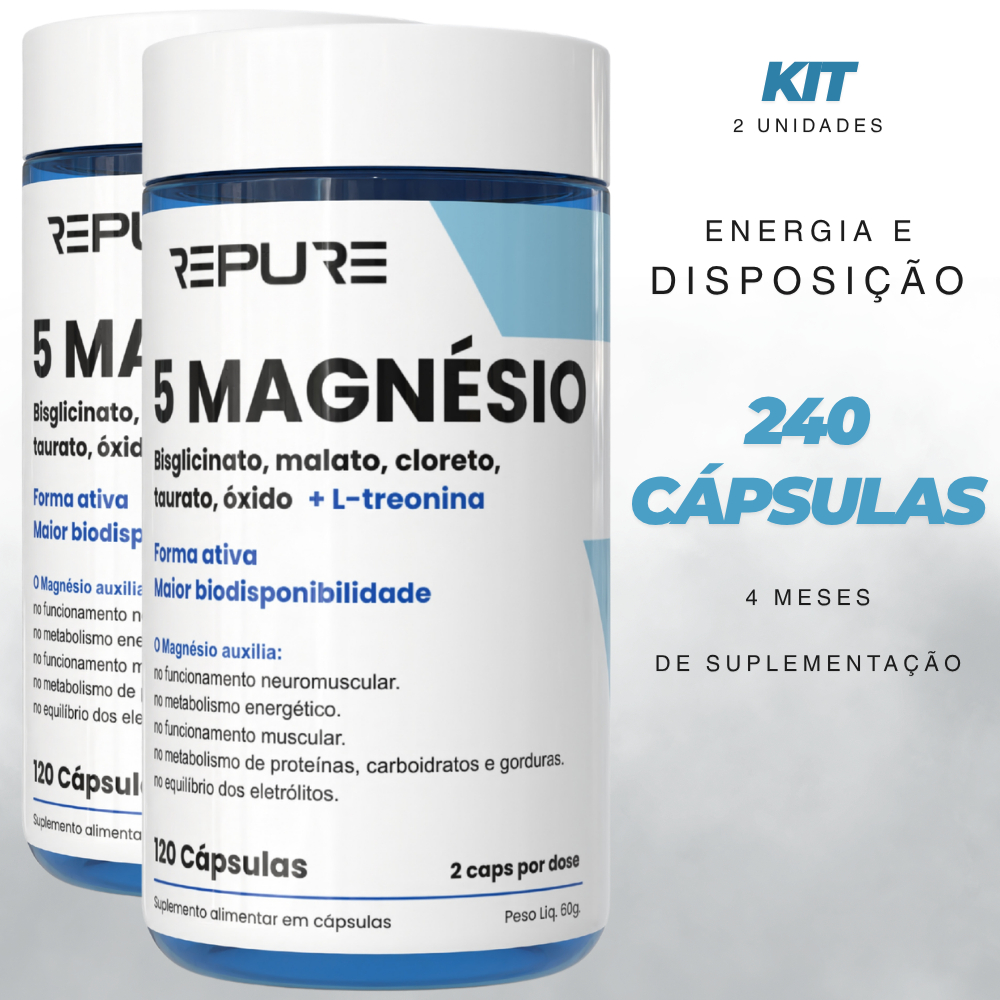Kit 2 Magnésio 5 Fontes + L-Treonina 240 Cáps Alta Absorção Energia Sono Recuperação Repure