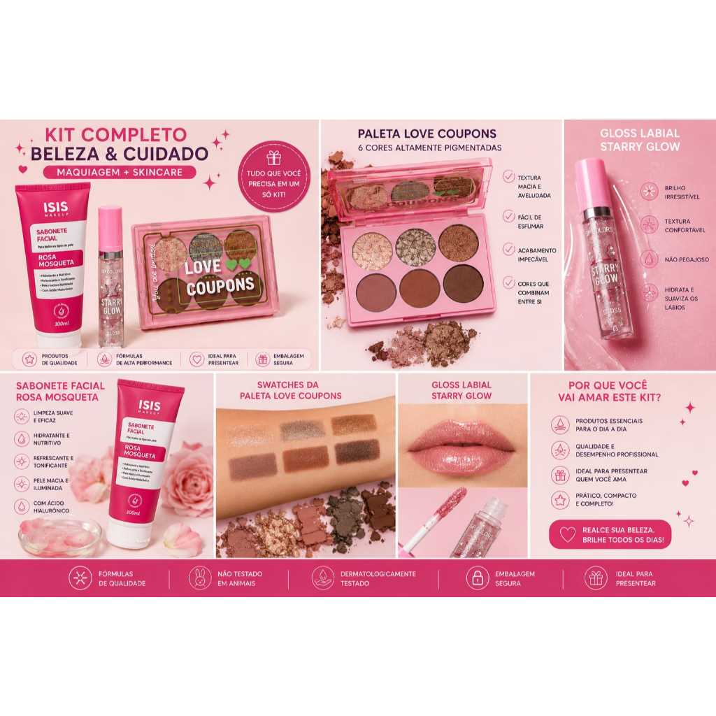 Kit Maquiagem Isis + SP Colors | Sabonete Rosa Mosqueta + Paleta Love Coupons + Gloss Starry Glow